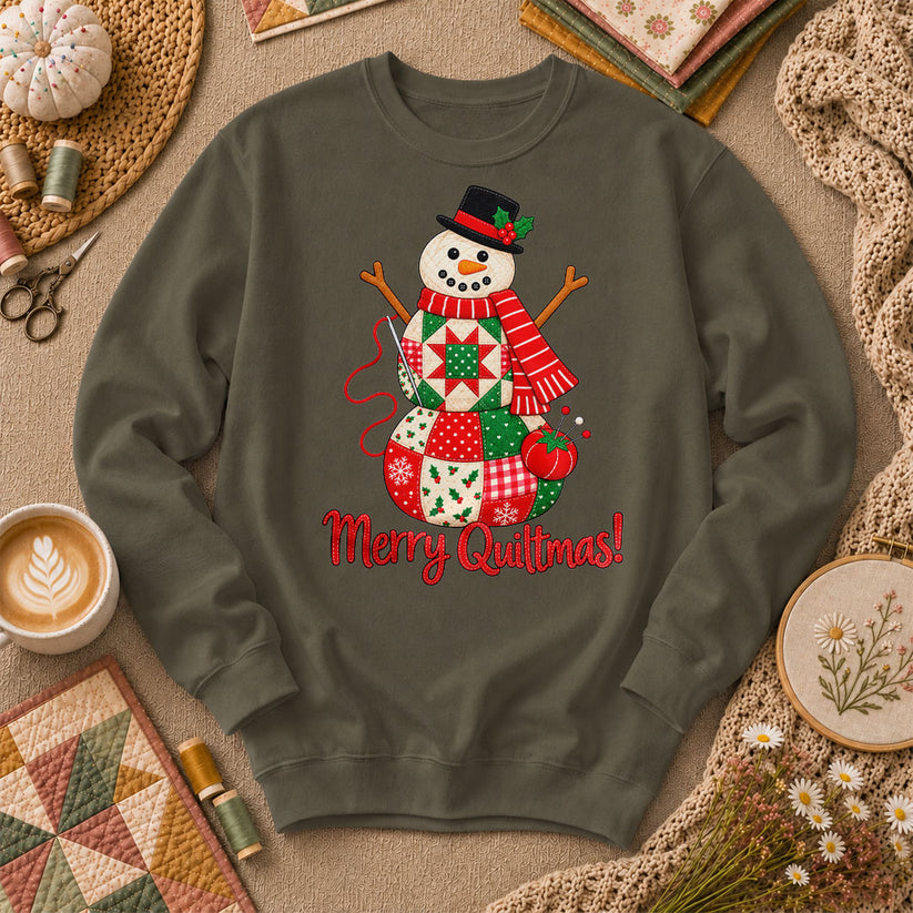Merry Quiltmas Patchwork Snowman With Top Hat Long Sleeve - Military Green