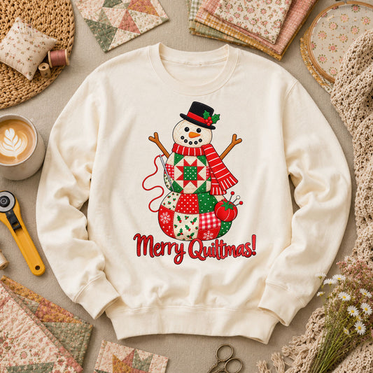 Merry Quiltmas Patchwork Snowman With Top Hat Long Sleeve - Natural