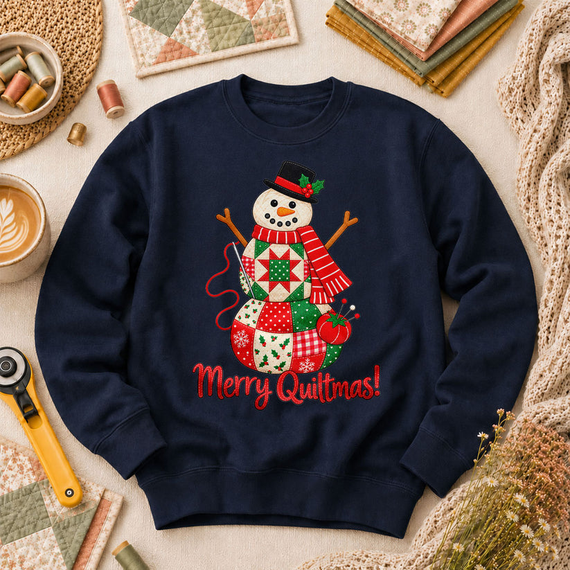 Merry Quiltmas Patchwork Snowman With Top Hat Long Sleeve - Navy