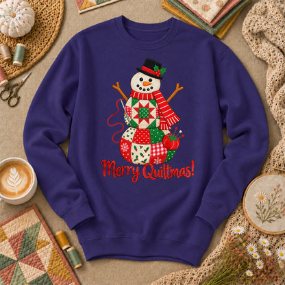 Merry Quiltmas Patchwork Snowman With Top Hat Long Sleeve - Purple