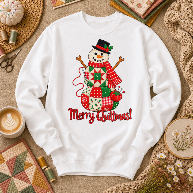 Merry Quiltmas Patchwork Snowman With Top Hat Long Sleeve - White