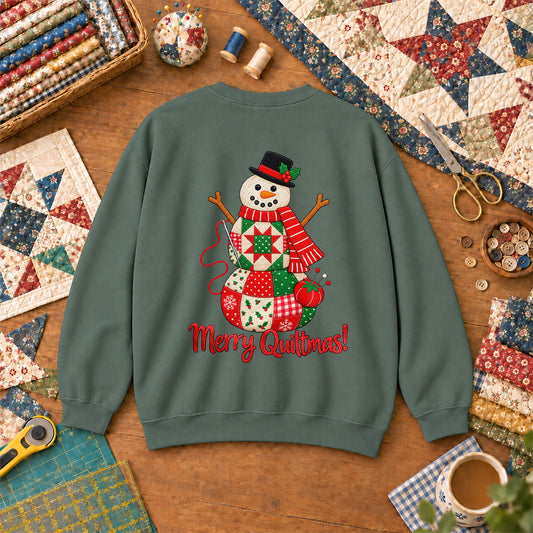 Merry Quiltmas Patchwork Snowman With Top Hat Sweatshirt - Forest Green