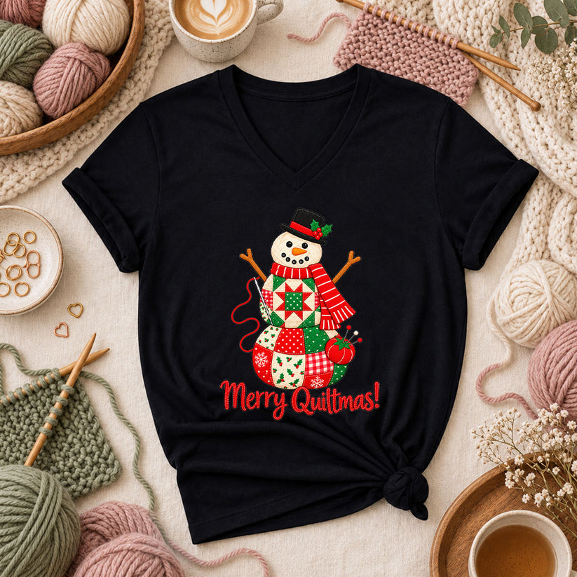 Merry Quiltmas Patchwork Snowman With Top Hat Women's V-Neck - Black
