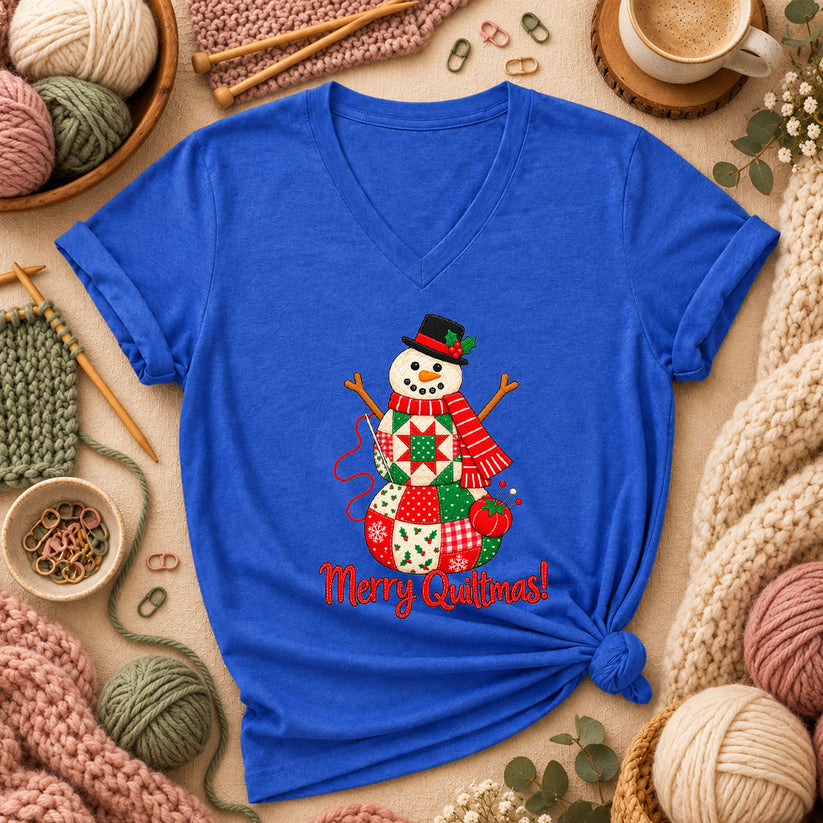 Merry Quiltmas Patchwork Snowman With Top Hat Women's V-Neck - Heather True Royal