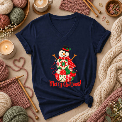 Merry Quiltmas Patchwork Snowman With Top Hat Women's V-Neck - Navy