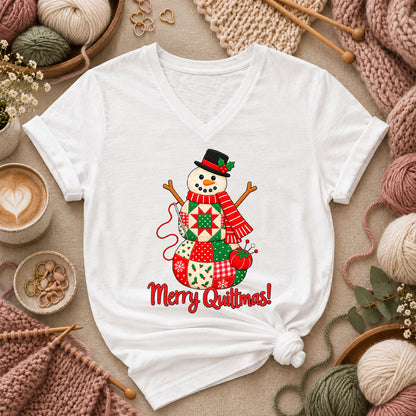 Merry Quiltmas Patchwork Snowman With Top Hat Women's V-Neck - White