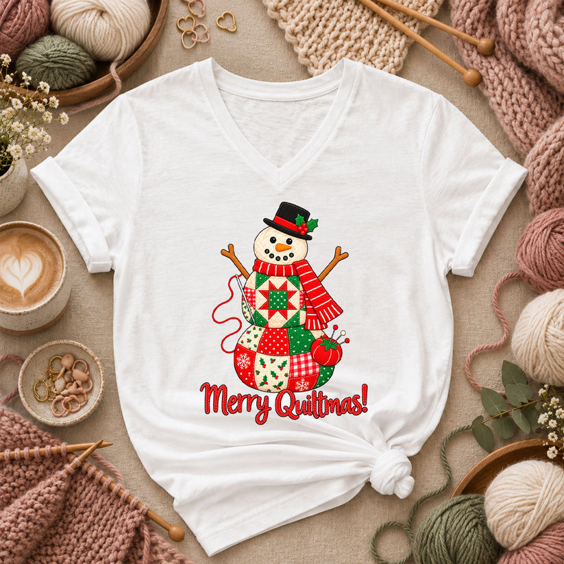 Merry Quiltmas Patchwork Snowman With Top Hat Women's V-Neck - White