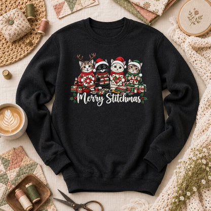 Merry Stitchmas Kittens Quilting Together Long Sleeve - Black