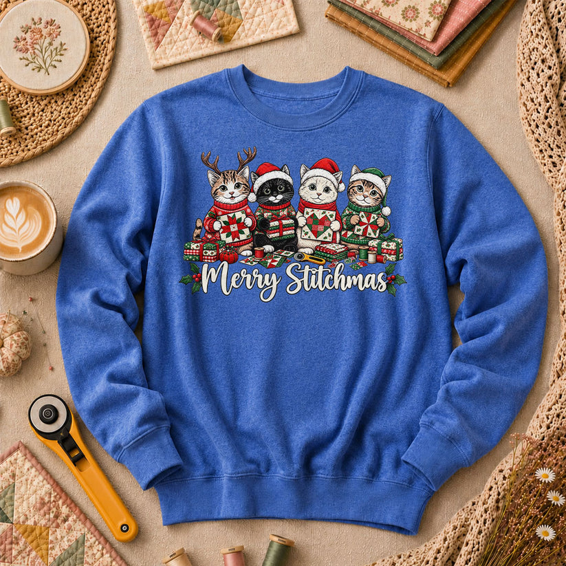 Merry Stitchmas Kittens Quilting Together Long Sleeve - Heather True Royal