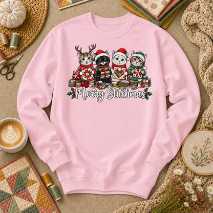 Merry Stitchmas Kittens Quilting Together Long Sleeve - Light Pink