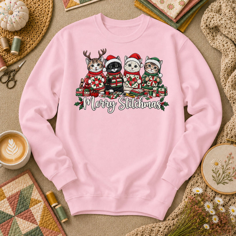 Merry Stitchmas Kittens Quilting Together Long Sleeve - Light Pink