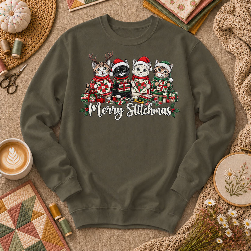Merry Stitchmas Kittens Quilting Together Long Sleeve - Military Green