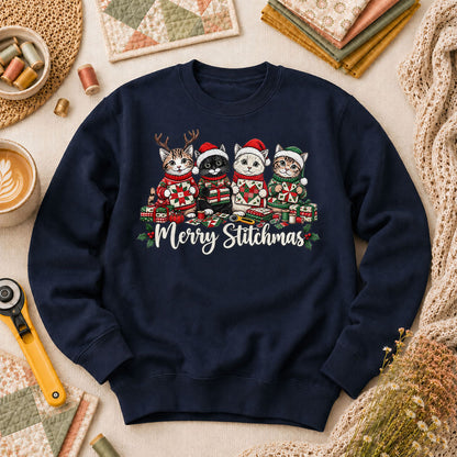 Merry Stitchmas Kittens Quilting Together Long Sleeve - Navy