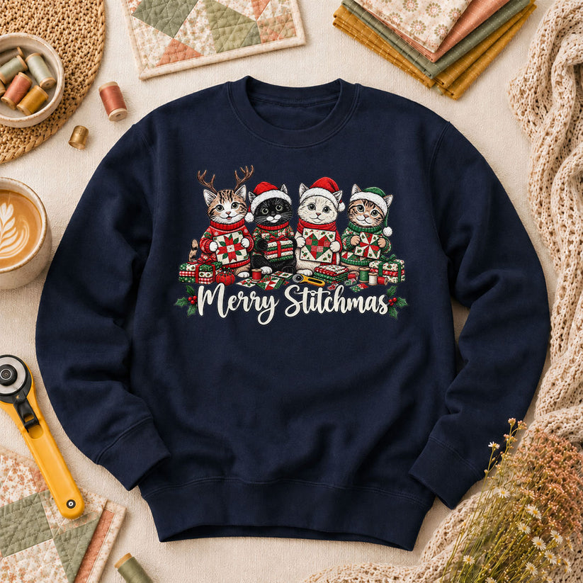Merry Stitchmas Kittens Quilting Together Long Sleeve - Navy