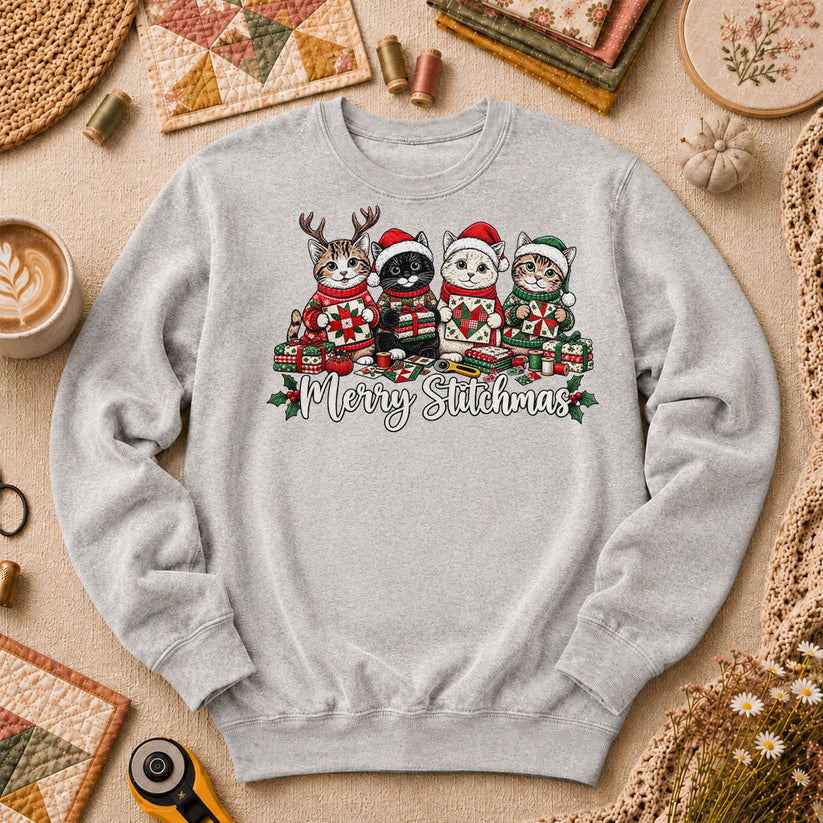 Merry Stitchmas Kittens Quilting Together Long Sleeve - Sport Grey