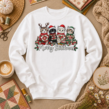 Merry Stitchmas Kittens Quilting Together Long Sleeve - White