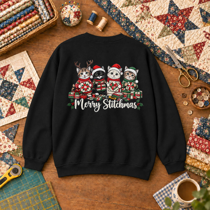 Merry Stitchmas Kittens Quilting Together Sweatshirt - Black