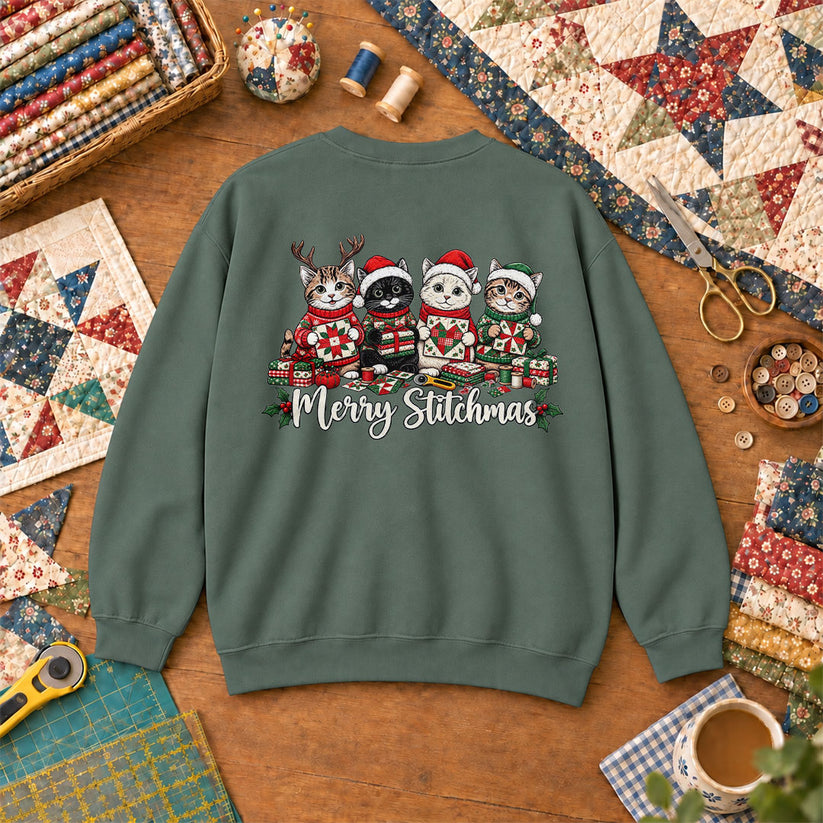Merry Stitchmas Kittens Quilting Together Sweatshirt - Forest Green