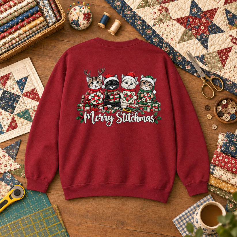 Merry Stitchmas Kittens Quilting Together Sweatshirt - Garnet