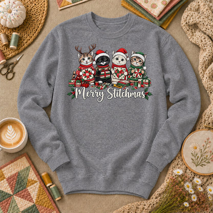 Merry Stitchmas Kittens Quilting Together Sweatshirt - Graphite Heather