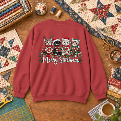 Merry Stitchmas Kittens Quilting Together Sweatshirt - Heather Red