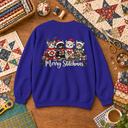 Merry Stitchmas Kittens Quilting Together Sweatshirt - Royal
