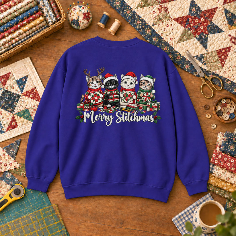 Merry Stitchmas Kittens Quilting Together Sweatshirt - Royal