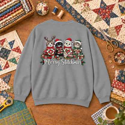 Merry Stitchmas Kittens Quilting Together Sweatshirt - Sport Grey