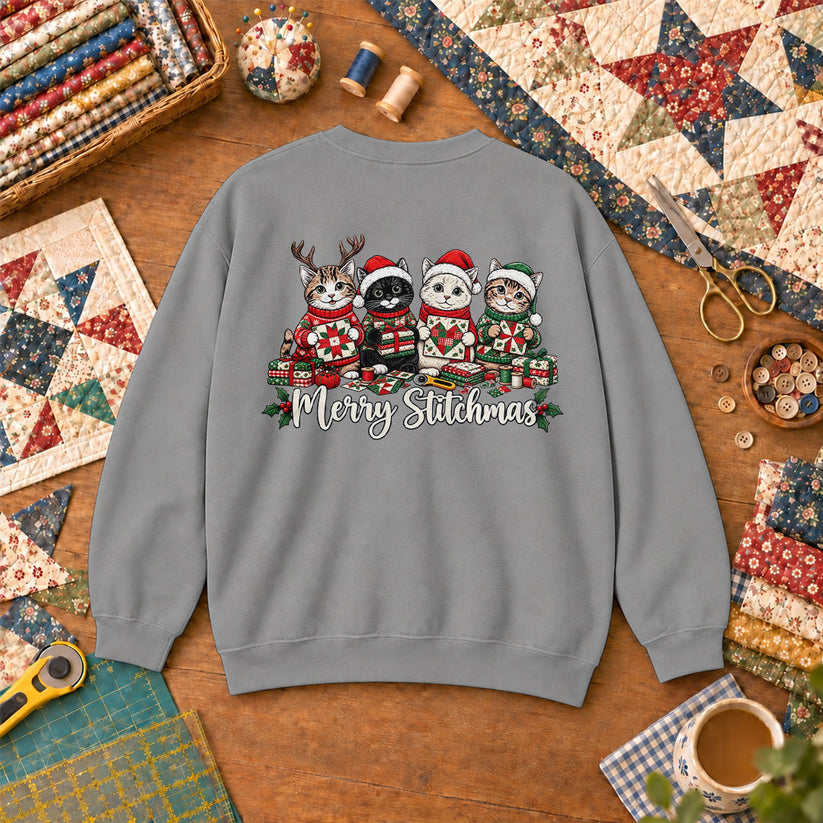 Merry Stitchmas Kittens Quilting Together Sweatshirt - Sport Grey