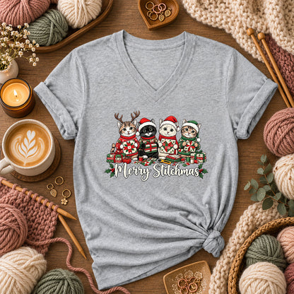 Merry Stitchmas Kittens Quilting Together Women's V-Neck - Athletic Heather