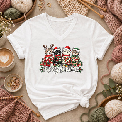 Merry Stitchmas Kittens Quilting Together Women's V-Neck - White