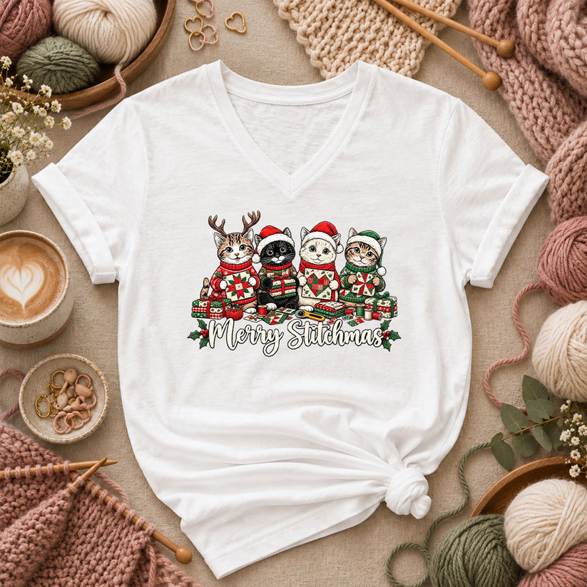 Merry Stitchmas Kittens Quilting Together Women's V-Neck - White
