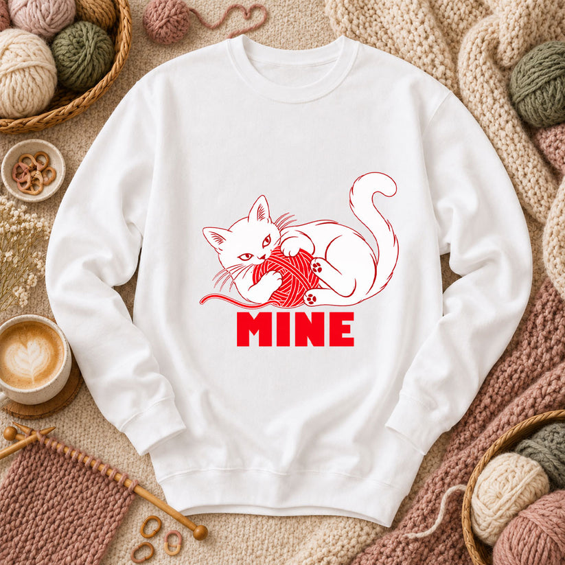 Mine Cat With Yarn Ball Long Sleeve - White