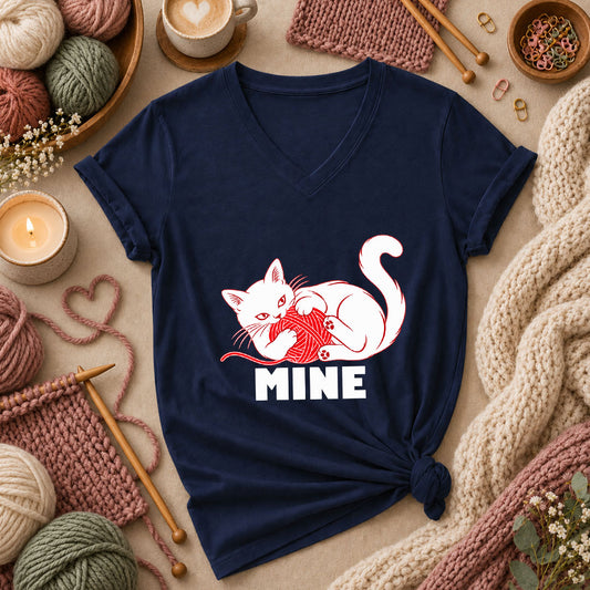 Mine Cat With Yarn Ball Women's V-Neck - Navy