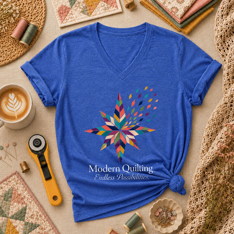 Modern Quilting Endless Possibilities Star Women's V-Neck - Heather True Royal