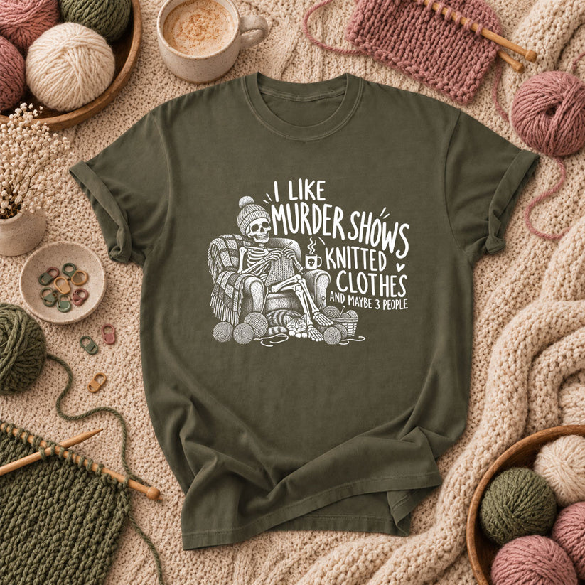 Murder Shows Knitted Clothes And 3 People T-Shirt - Military Green