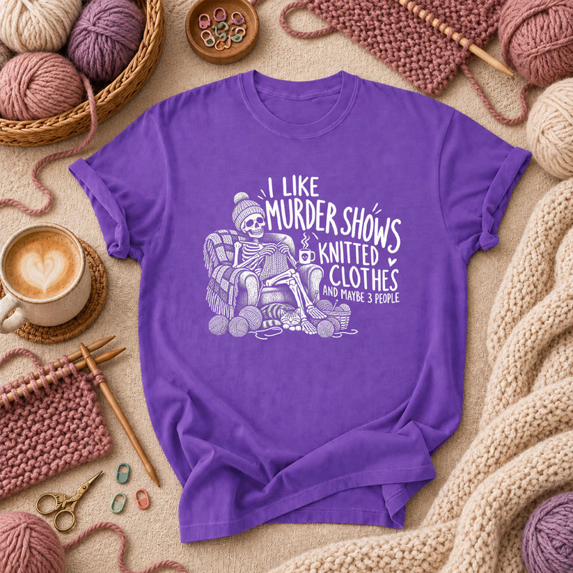 Murder Shows Knitted Clothes And 3 People T-Shirt - Purple