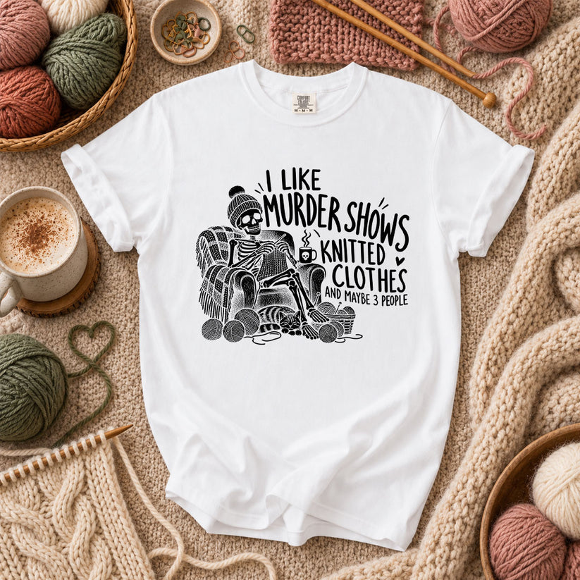 Murder Shows Knitted Clothes And 3 People T-Shirt - White