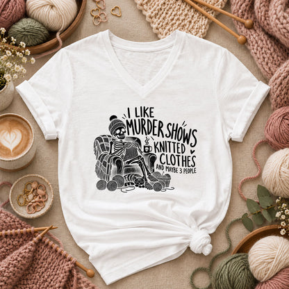 Murder Shows Knitted Clothes And 3 People Women's V-Neck - White