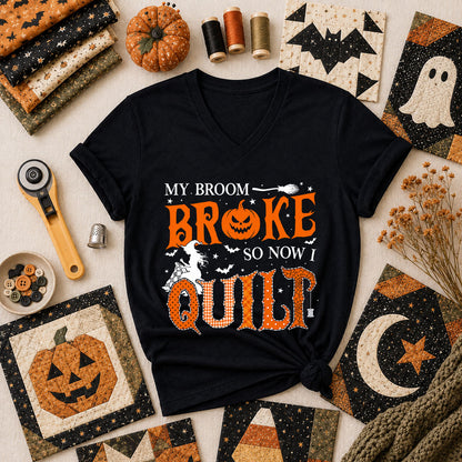 My Broom Broke So Now I Quilt Women's V-Neck - Black