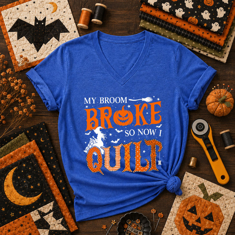 My Broom Broke So Now I Quilt Women's V-Neck - Heather True Royal