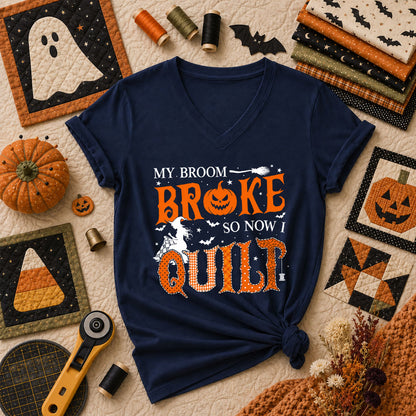 My Broom Broke So Now I Quilt Women's V-Neck - Navy