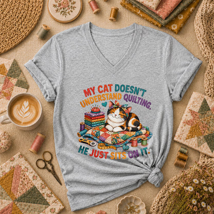 My Cat Doesnt Understand Quilting He Just Sits On It Women's V-Neck - Athletic Heather