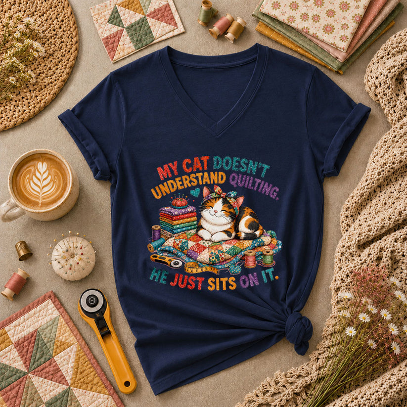 My Cat Doesnt Understand Quilting He Just Sits On It Women's V-Neck - Navy