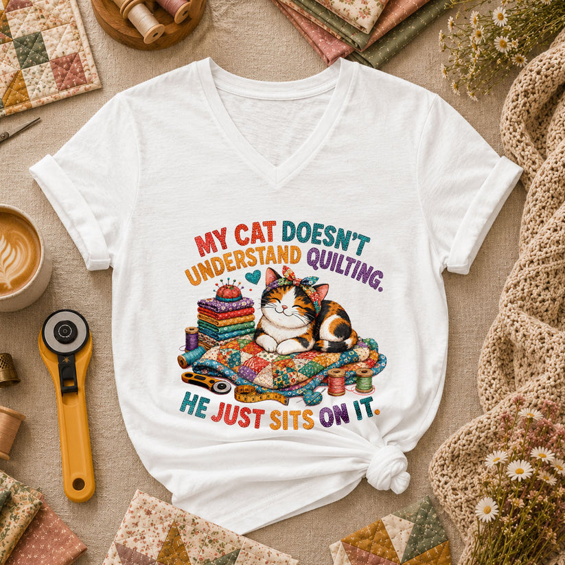 My Cat Doesnt Understand Quilting He Just Sits On It Women's V-Neck - White