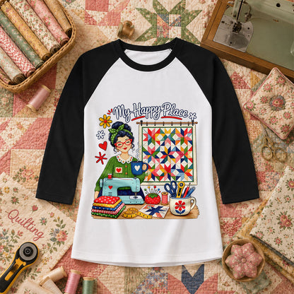 My Happy Place Vintage Quilter Woman Sewing Machine Raglan Sleeve - Black