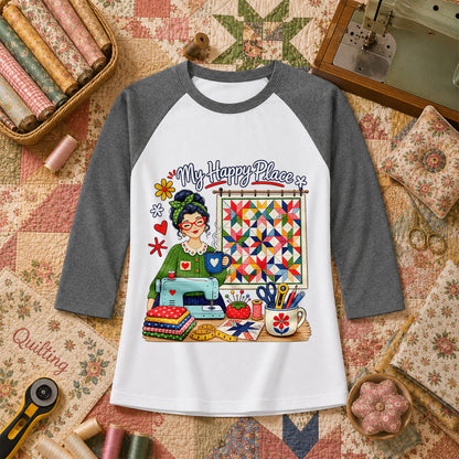 My Happy Place Vintage Quilter Woman Sewing Machine Raglan Sleeve - Deep Heather
