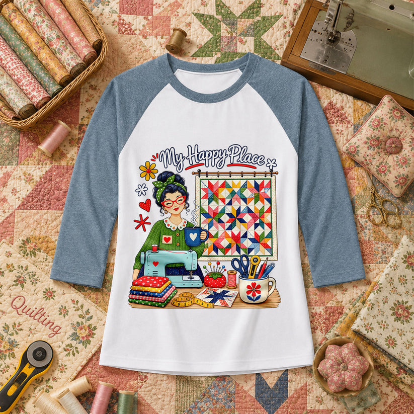 My Happy Place Vintage Quilter Woman Sewing Machine Raglan Sleeve - Denim