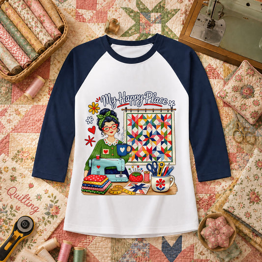 My Happy Place Vintage Quilter Woman Sewing Machine Raglan Sleeve - Navy