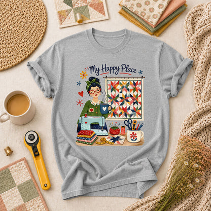 My Happy Place Vintage Quilter Woman Sewing Machine T-Shirt - Athletic Heather